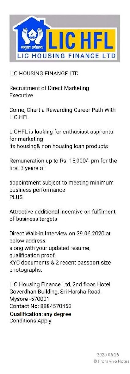 Recruitment of Direct Marketing Executive in LIC Housing Finance LTD. Mysore
