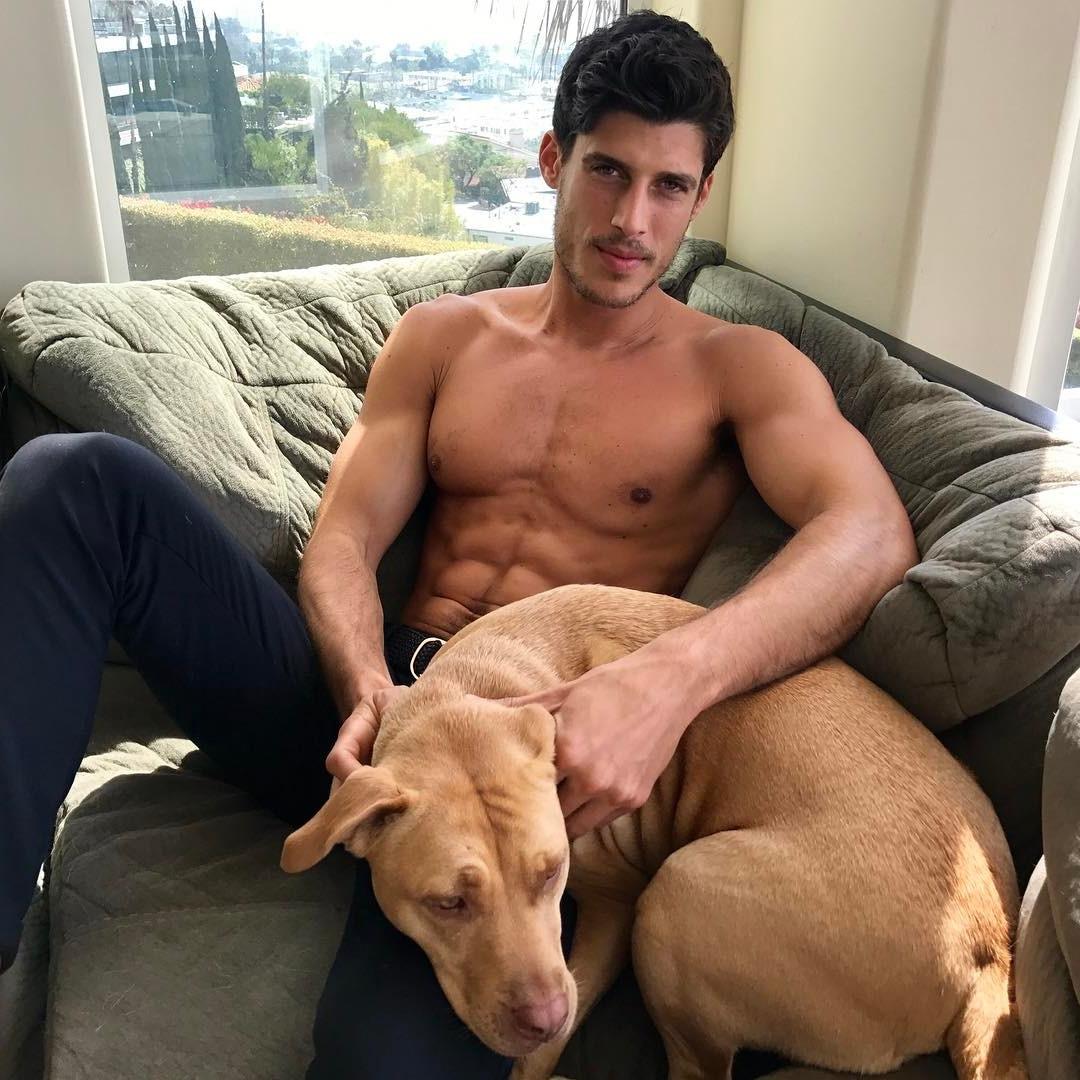 shirtless-fit-male-model-dog-petting