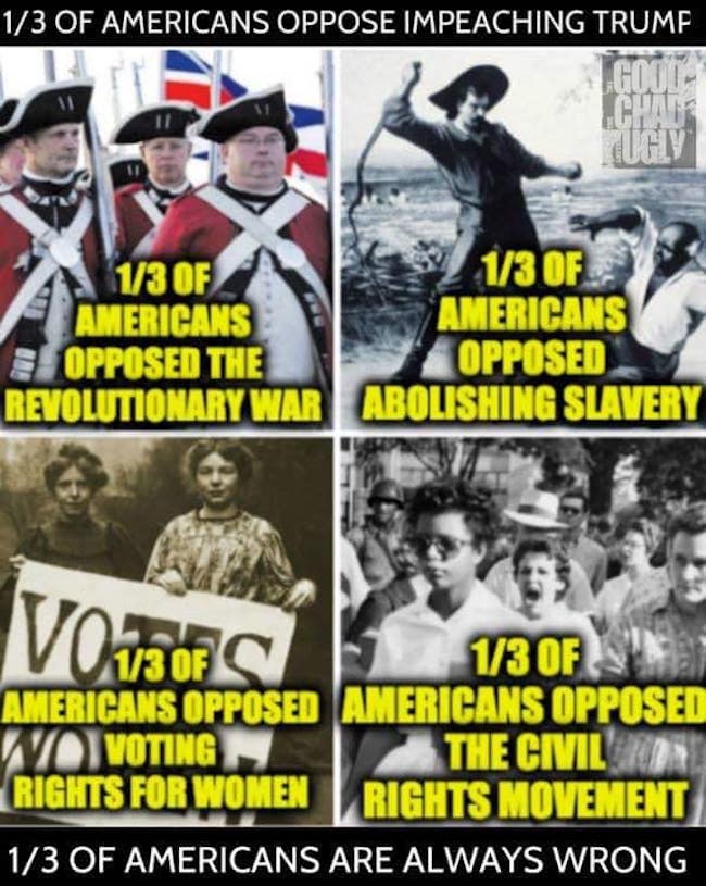 Title:  1/3 of Americans oppose impeaching Trump.  Frame One (image of Revolutionary War reenactor):  1/3 of Americans opposed the Revolutionary War.  Frame Two (image of overseer whipping slave):  1/3 of Americans opposed abolishing slavery.  Frame Three (image of suffragettes):  1/3 of Americans opposed voting rights for women.  Frame Four (image of civil rights rights marchers):  1/3 of Americans opposed the civil rights movement.  Tagline:  1/3 of Americans are always wrong.