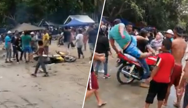 (Video) Mat Rempit kena belasah Kacau ketenteraman di Pantai Makuow, Lahad Datu