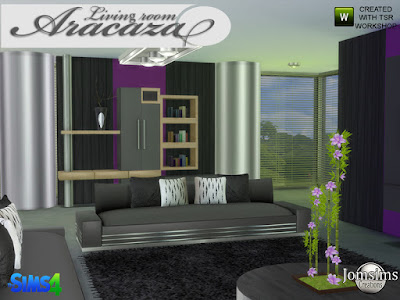 Aracaza living Room Гостиная Aracaza для The Sims 4 Современность и комфорт присутствуют в этом наборе. 1 диван 4 цвета и металл. 1 журнальный столик 4 цвета и металл. 1 разная поверхность деко для стены 4 цвета и wodd и металлическая колонна. 1 разная поверхность 2 4 цвета и дерево. 1 большая металлическая колонна деко. 1 потолочный светильник металлический. 1 столовое растение с цветами, ваза из дерева и цветов 4 цвета. 4 подушки для дивана 4 разных цвета. 1 картина бамбука х 3. 1 декоративный поднос и кувшин в 3 цветах блестящие. Автор: jomsims