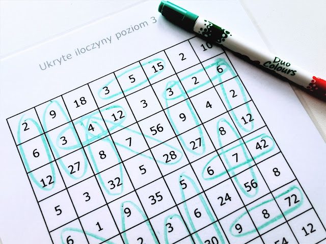 ćwiczenia z tabliczką mnożenia, na zdjęciu tabelka z działaniami zakreślonymi na zielono w pionie, poziomie i ukośnie, po prawej stronie u góry leży zielony pisak