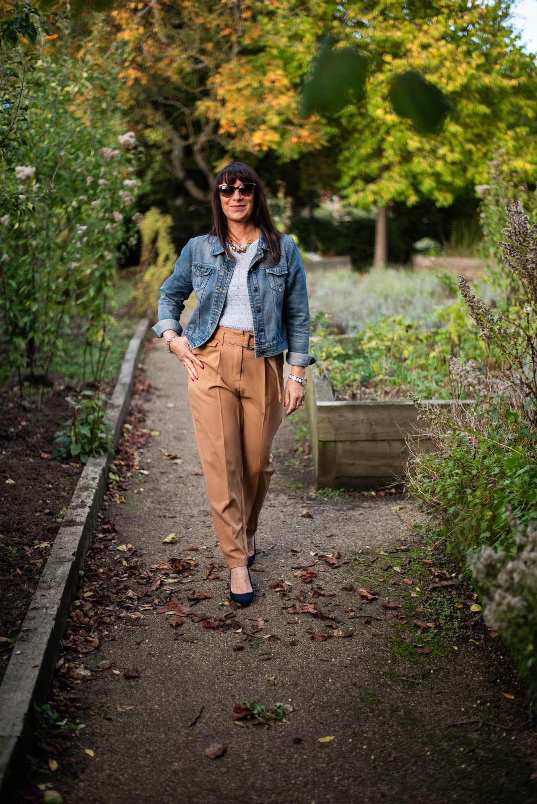 Styling Caramel Trousers with Pale Blue & Denim. Mummabstylish