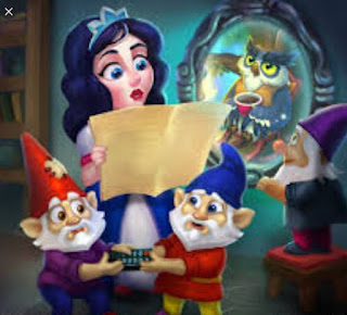 Royal Farm on Mobile, Fairytale Snow White looks at a scroll while the seven dwarves look on in worry