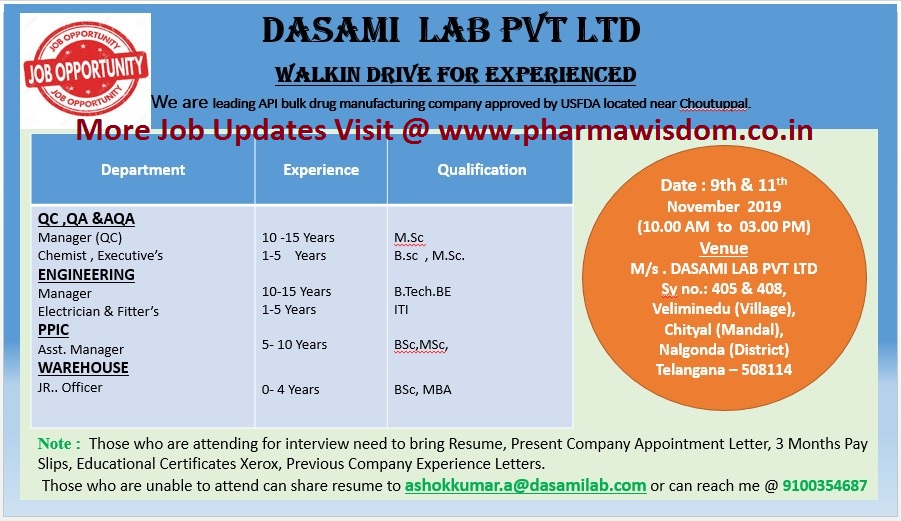 DASAMI LAB PVT. LTD WalkIn Drive for QC, QA, AQA, Engineering, PPIC