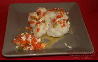  46º Menú, Coliflor cocida con salsa vinagreta, dorada a la sal, ensalada y fruta 