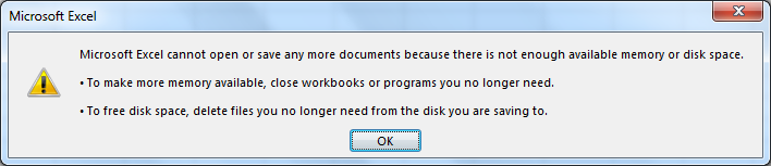 excel not enough memory to reformat table