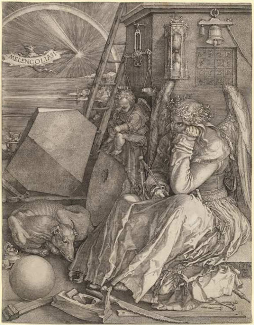 "Melencolia I," engraved by Albrecht Dürer in 1514, is an illustration of the artist's melancholy, and is filled with symbols.