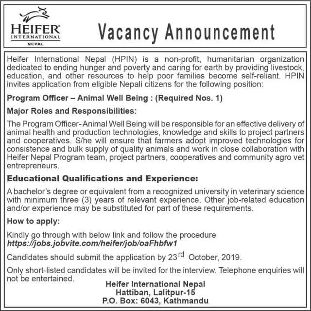 Heifer International Nepal (HPIN) Vacancy 