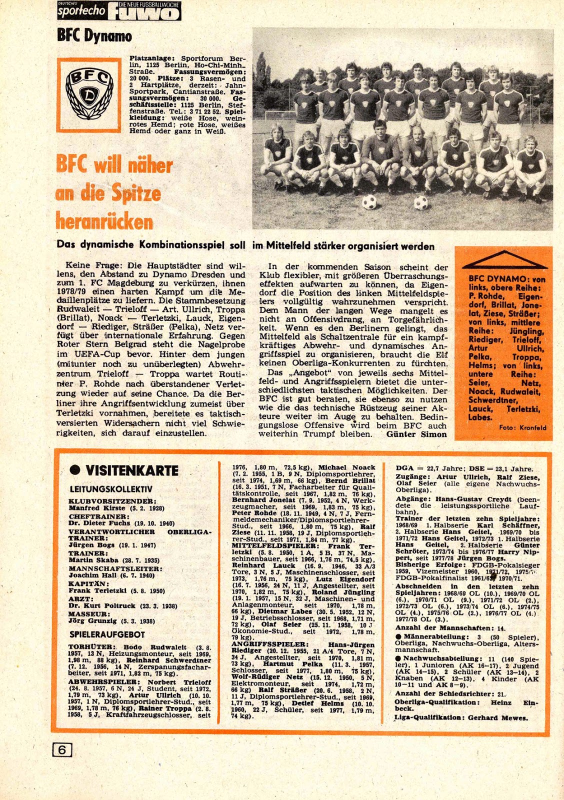 DDR OBERLIGA 197879. Les équipes du championnat.