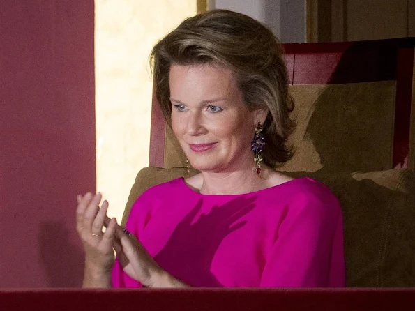 Queen Mathilde and Crown Princess Elisabeth of Belgium attends the finals of the 2016 Queen Elisabeth Piano Competition at Palace of Fine Arts. Czech pianist Lukáš Vondrácek. Style of Queen Mathilde, dress, style