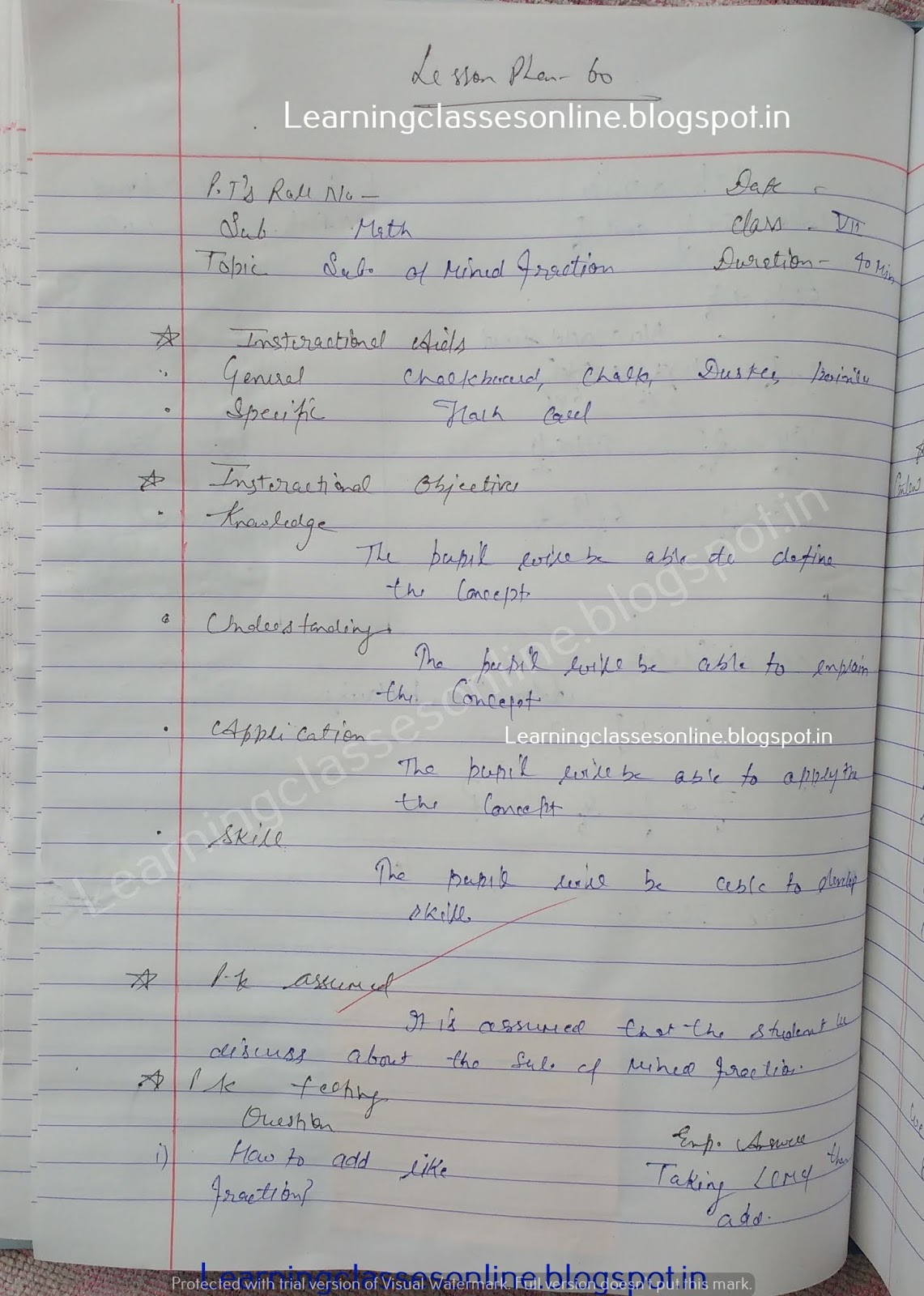 Mathematics Lesson Plan on Mixed Fraction - Math B.Ed Lesson Plans Mathematics Lesson Plan on Mixed Fraction