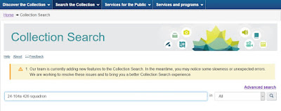 Screen capture of Library and Archives Canada Collection Search page looking for "24-104a 426 squadron"