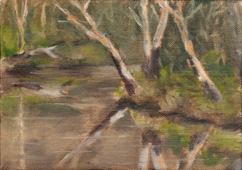 Oil painting of eucalyptus trees overhanging a bend in Melbourne's Yarra River, with reflections of the trees prominent on the surface of the water.
