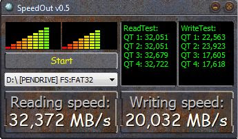 Imagen de una prueba de velocidad de escritura y lectura a un pen drive Patriot Rage de 16GB