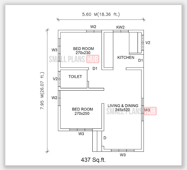 437 Sq.ft.2 Bedroom Single Floor Plan and Elevation