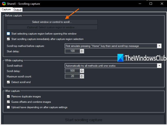 stel scrolling capture-opties in en druk op selecteer venster of control om te scrollen knop