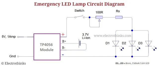 Emergency led lamp Circuit diagram: Rechargeable, Brightness Adjustable