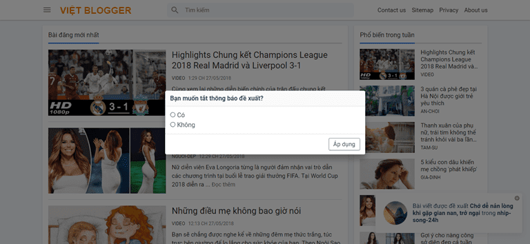 Thêm hộp thoại thông báo bài viết đề xuất vào Blogger
