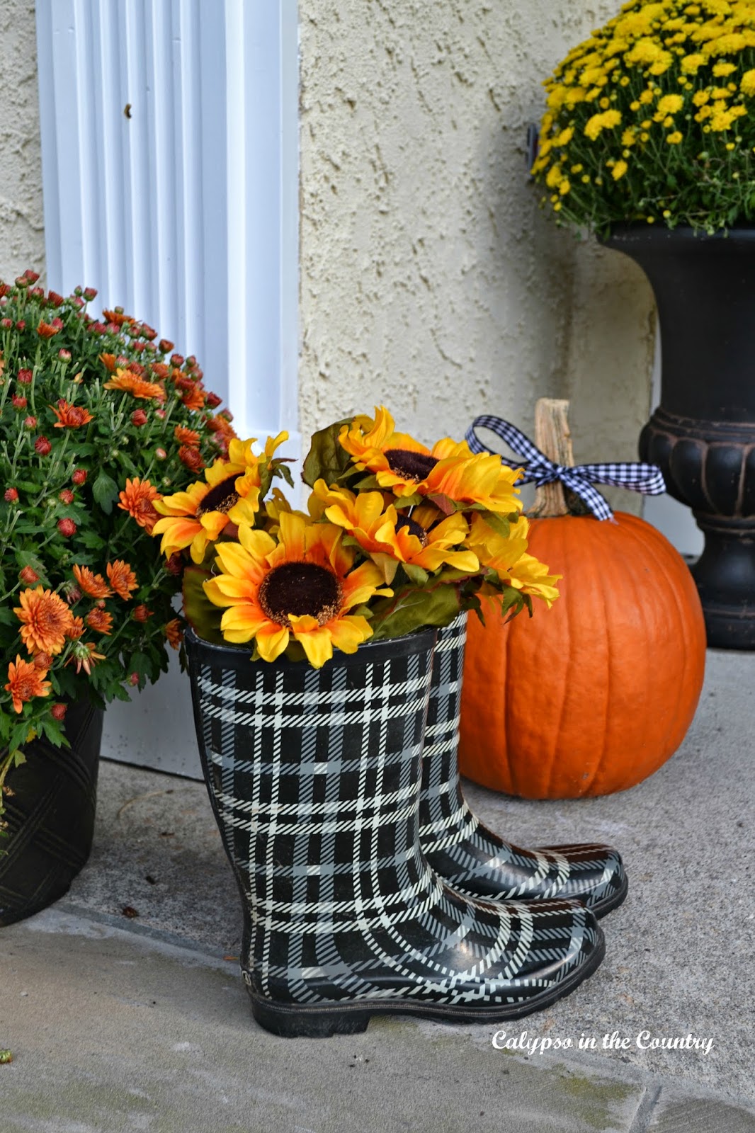 Plaid Boots on Fall Front Porch Plaid Boots on Fall Front Porch