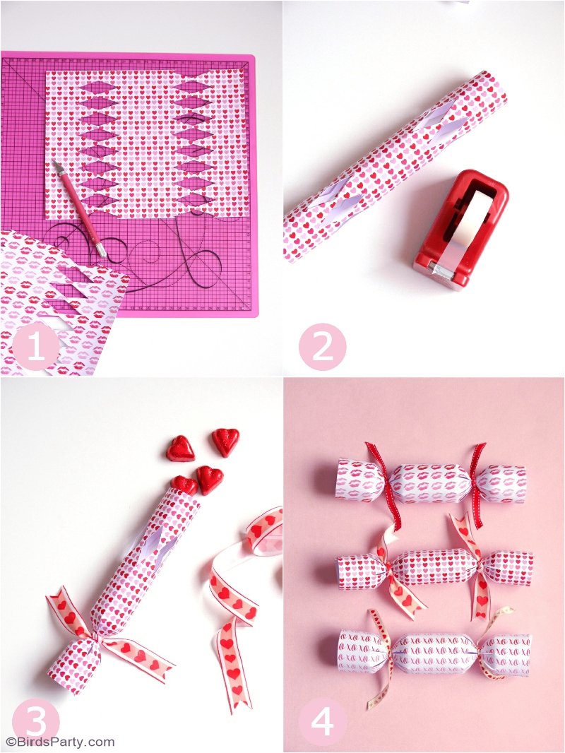 DIY Valentine's Day Crackers Party Favors - learn to make these easy, quick and fun party favor crackers for your party or wedding event! by BirdsParty.com @birdsparty #diy #valentinesday #valentinesdaycrafts