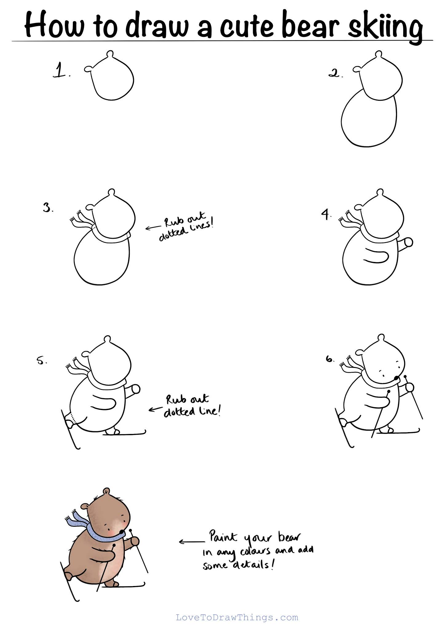 How to draw a cute bear skiing in 6 steps | Love To Draw Things