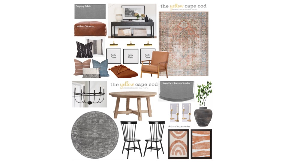 The Yellow Cape Cod: Rust, Grey, Leather, Wood, Brass and Black Great Room