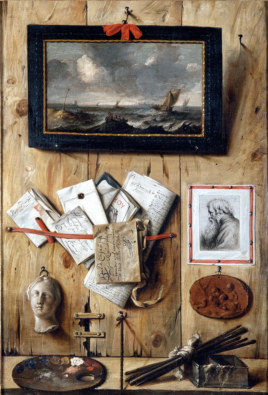 A Trompe l'Oeil of Newspapers, Letters and Writing Implements on a Wooden  Board', Edward Collier, c.1699