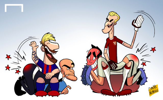 Messi and Hart spanking Guardiola and Bravo cartoon