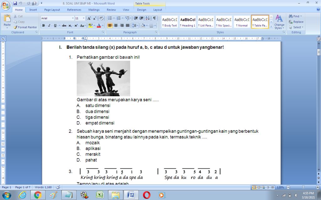 Soal UM Seni Budaya dan Prakarya (SBdP) Kelas 6 MI - antapedia.com