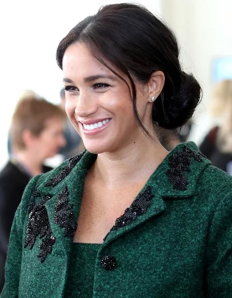 Duchess wore a custom Erdem green coat and dress, Aquazzura Deneuve pumps, Birks gold and opal earrings, a Kismet by Milka bracelet