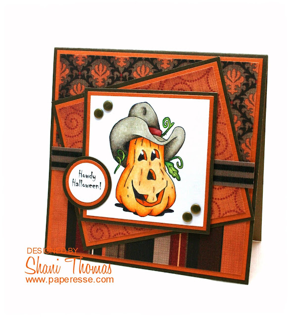 Howdy Halloween card featuring QKR Stampede Cowboy Pumpkin digital stamp, by Paperesse. 