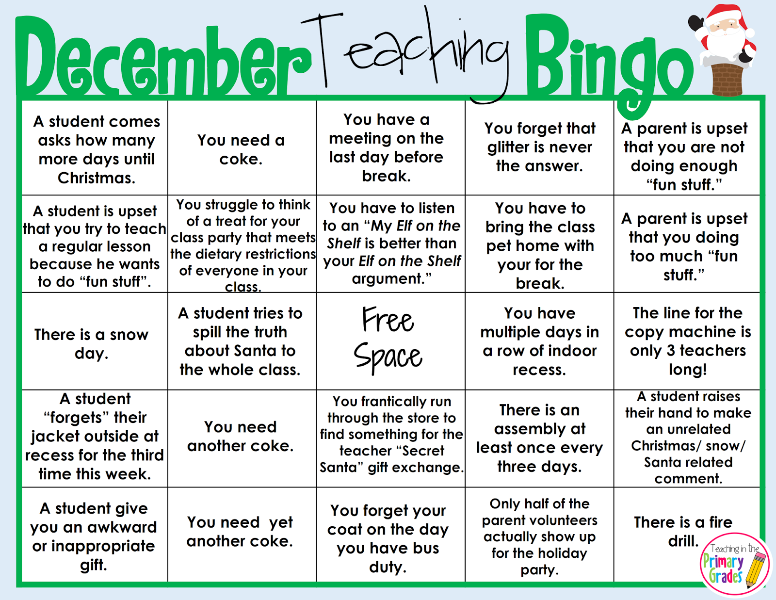Teaching In The Primary Grades December Teaching Bingo