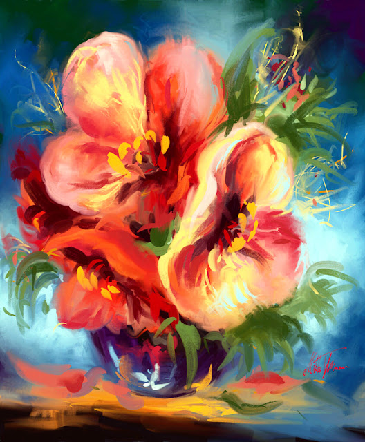 Bouquet of red flowers in vase digital still life painting by Mikko Tyllinen