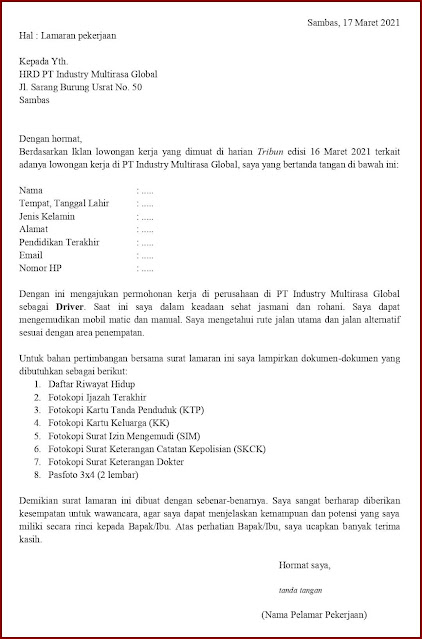 Contoh Surat Lamaran Kerja Untuk Driver Kantor (Fresh Graduate) Berdasarkan Informasi Dari Media Cetak Contoh Application Letter Untuk Driver Kantor (Fresh Graduate) Berdasarkan Informasi Dari Media Cetak