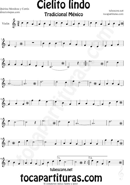 Partitura de Cielito Lindo de Violín Cielito Lindo Sheet Music for Violin Quirino Mendoza y Cortés Music Scores