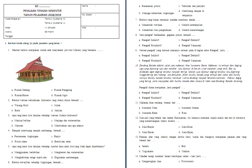 Soal Pts Kelas 5 Tema 1