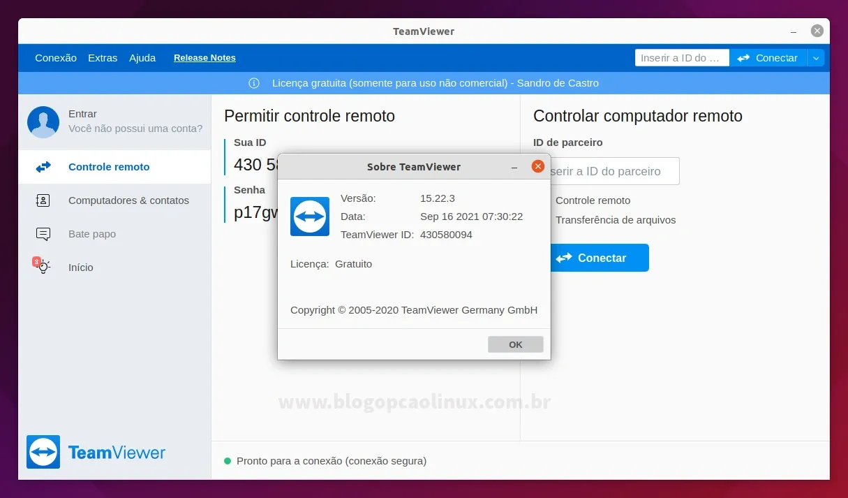 TeamViewer executando no Ubuntu 21.10 (Impish Indri)