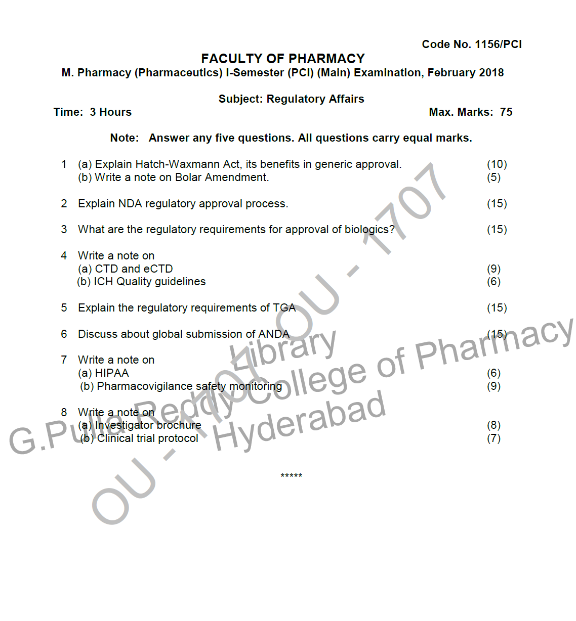 Osmania University M. Pharmacy (pharmaceutics) ISemester (PCI) (Main