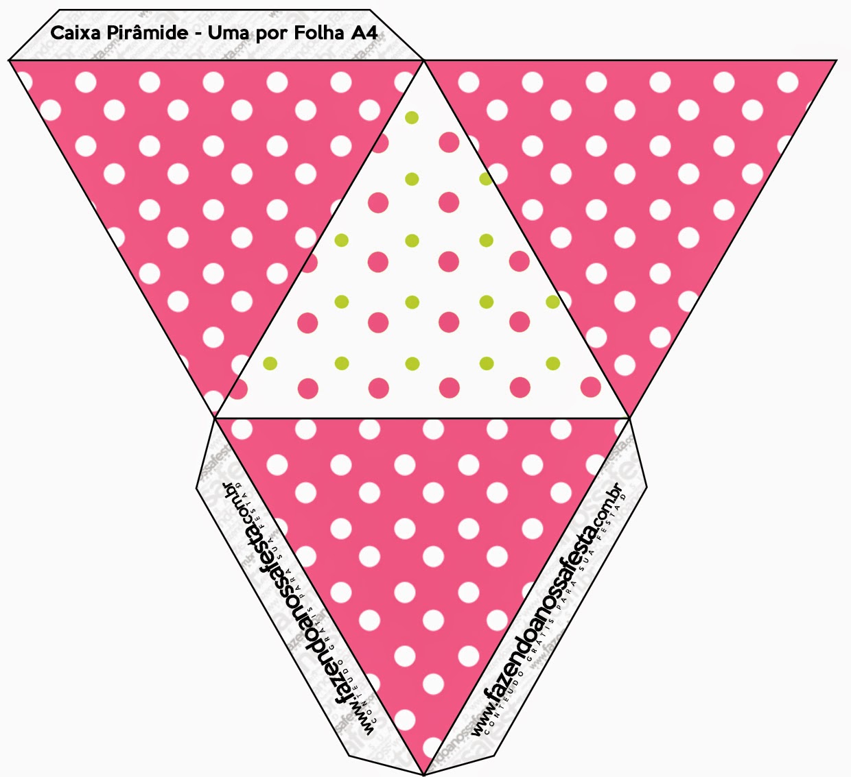 Caja con forma de pirámide de Lunares Rosa, Verde Lima y Blanco.