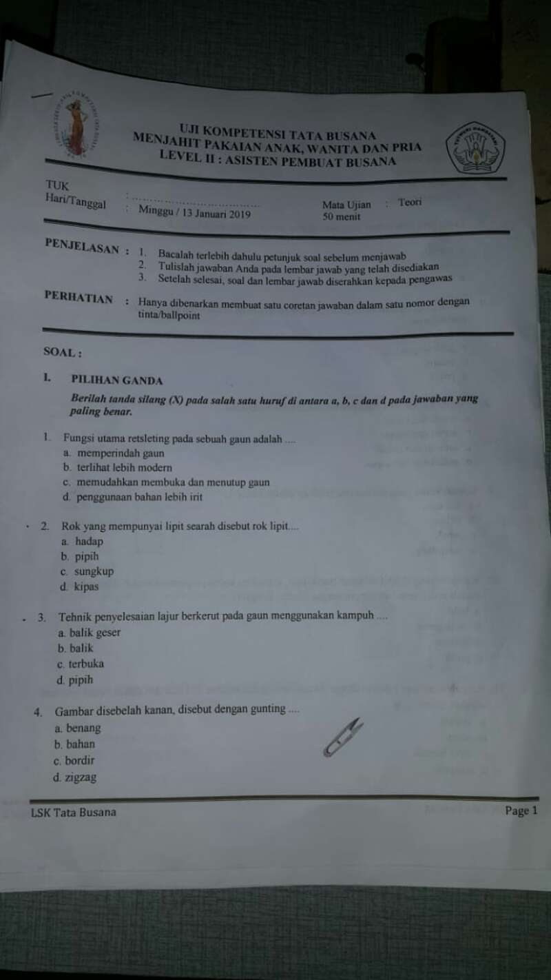 Uji Kompetensi Menjahit Minggu 13 Januari 2019 Soal Pertanyaan Dan Kunci Jawaban