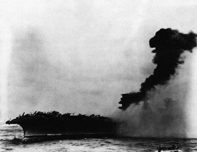 USS Lexington on fire and sinking, 8 May 1942 worldwartwo.filminspector.com