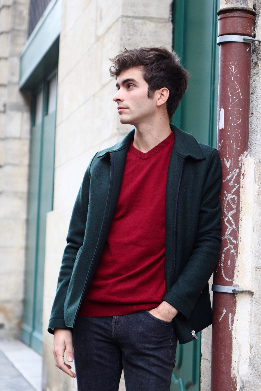 blog-mode-homme-style-masculin-preppy-classique-pull-col-v-rouge-veste-harris-wharf-london-balibaris-skinny-jeans-mec -paris-bordeaux