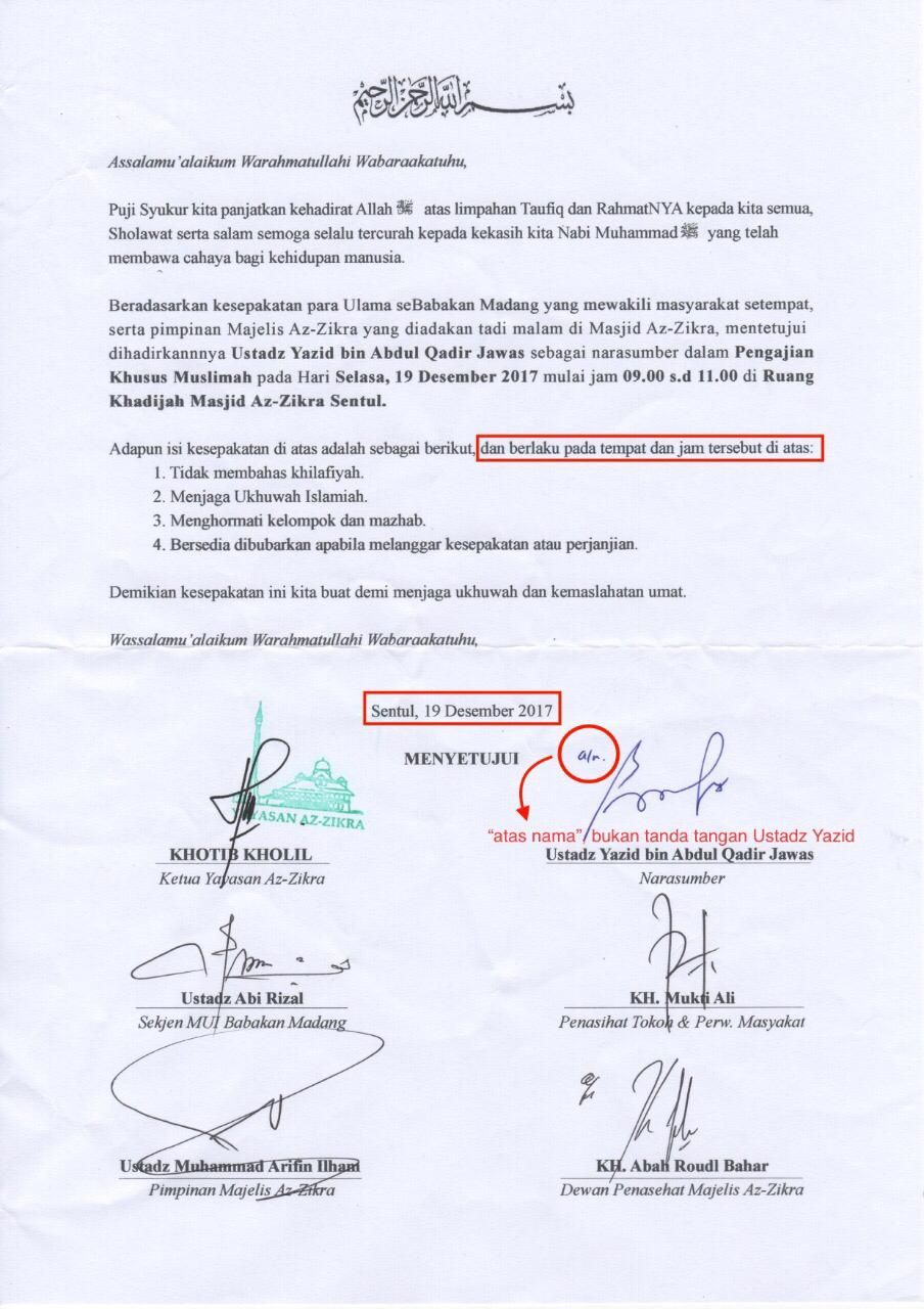 klarifikasi atas Viralnya surat kesepakatan Ustadz Yazid