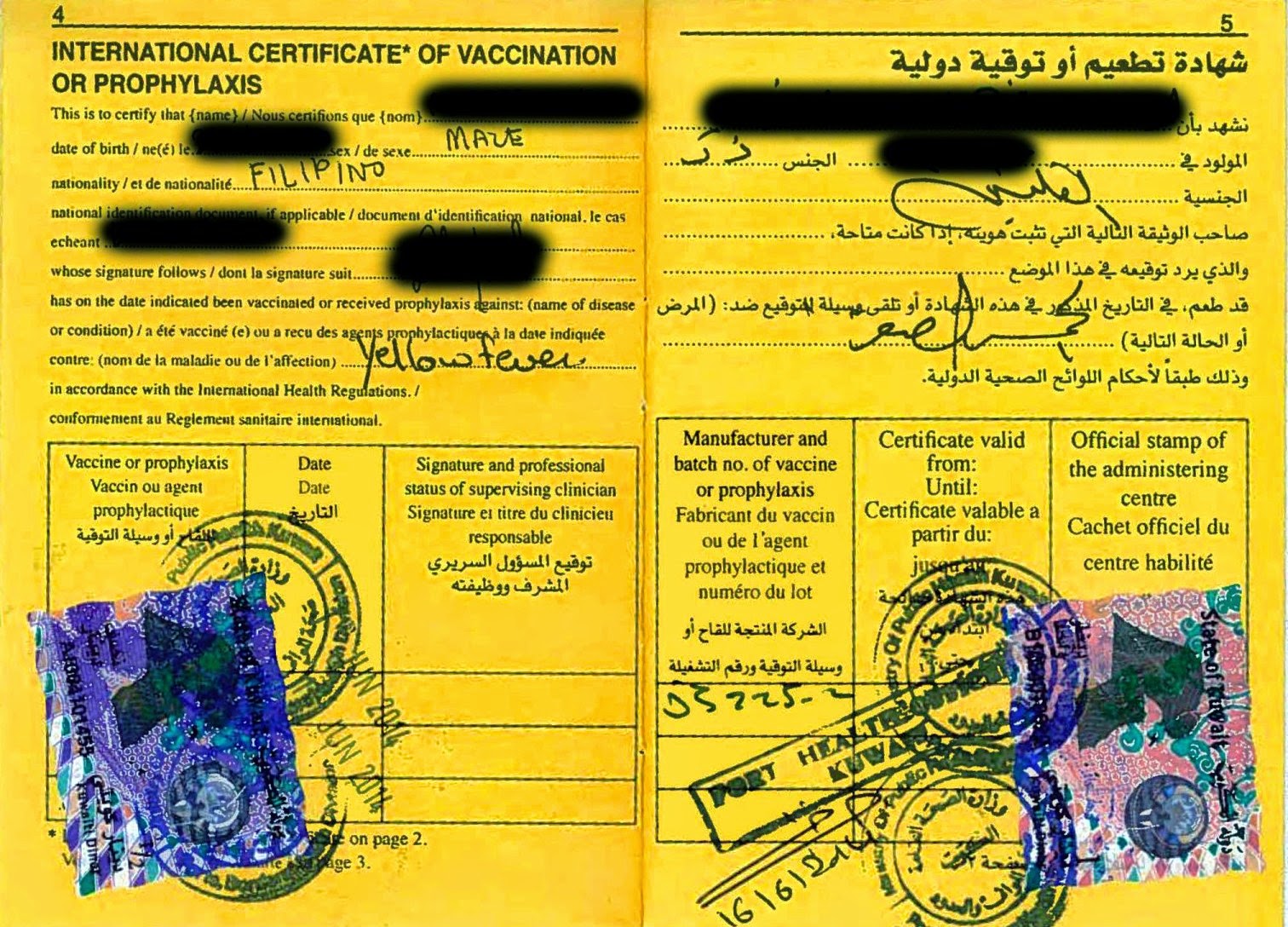 the viewing deck Yellow Card (Carte Jaune) for Travellers Disease