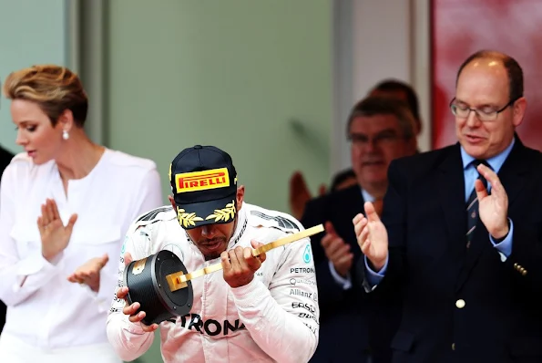 Prince Albert and Princess Charlene attends the Monaco Formula 0ne Grand Prix at Circuit de Monaco. Daniel Ricciardo of Australia and Red Bull Racing and Lewis Hamilton of Great Britain, Sergio Perez of Mexico and Force India, Mercedes AMG Petronas F1 Team's British driver Lewis Hamilton