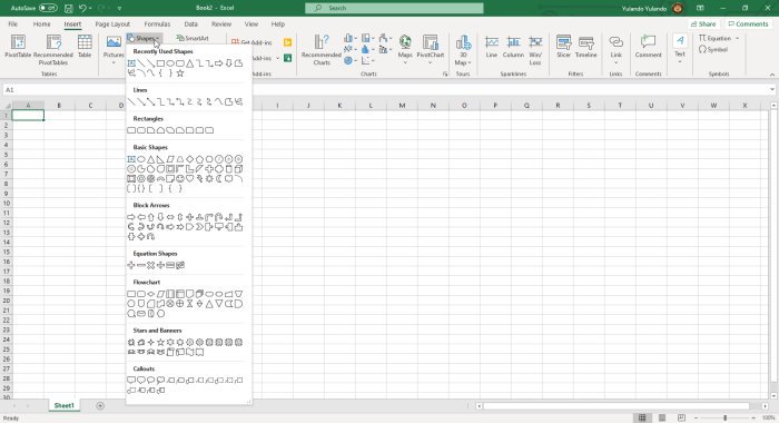 Menu a discesa dell'opzione Forme di Microsoft Office Excel