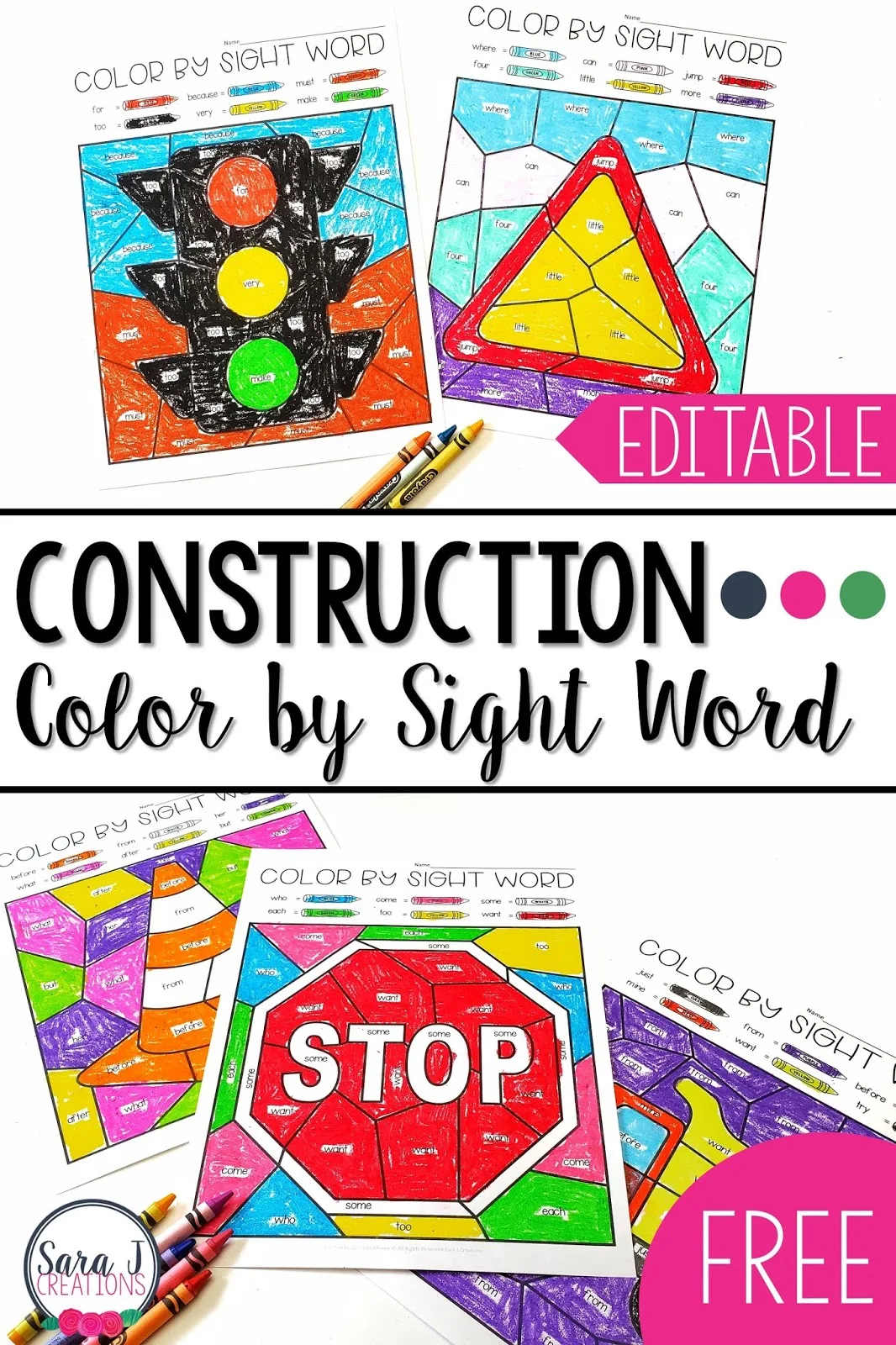 Construction Color by Sight Word Editable Coloring Pages. These construction themed sight word worksheets are editable so you can type in the exact words you want your students to practice. How awesome?! Grab these free printables to use with your kindergarten, first grade, or second grade class. Don't miss out on this fun freebie and the other construction freebies that are shared in this post.