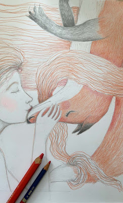 l'amour en forêt armastus metsas Aide Leit-Lepmets illustratsioon joonistus värvilised pliiatsid red hair kiss kissing fox pu songling