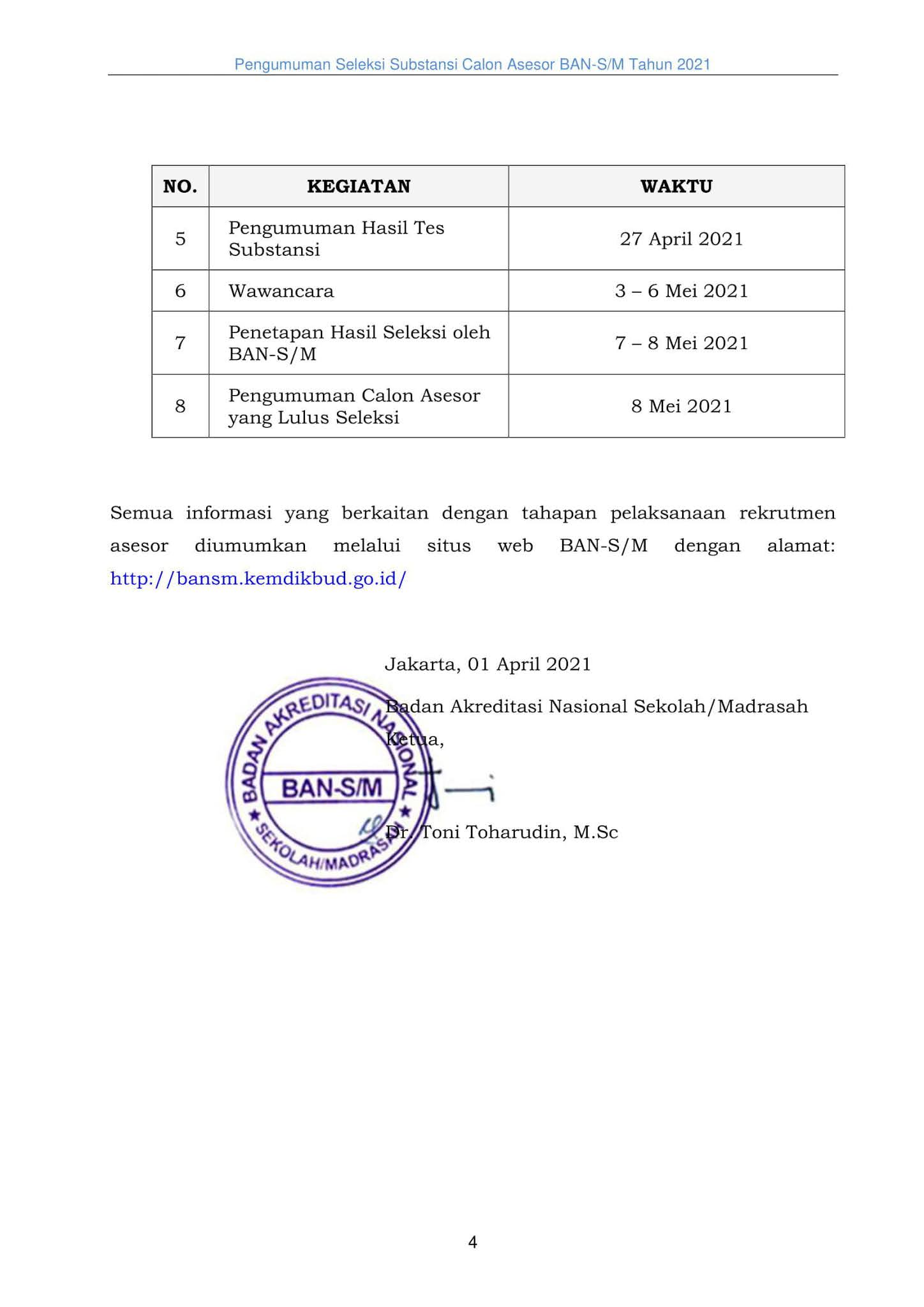 Lowongan Kerja Calon Asesor Sekolah / Madrasah BANSM Kemendikbud April